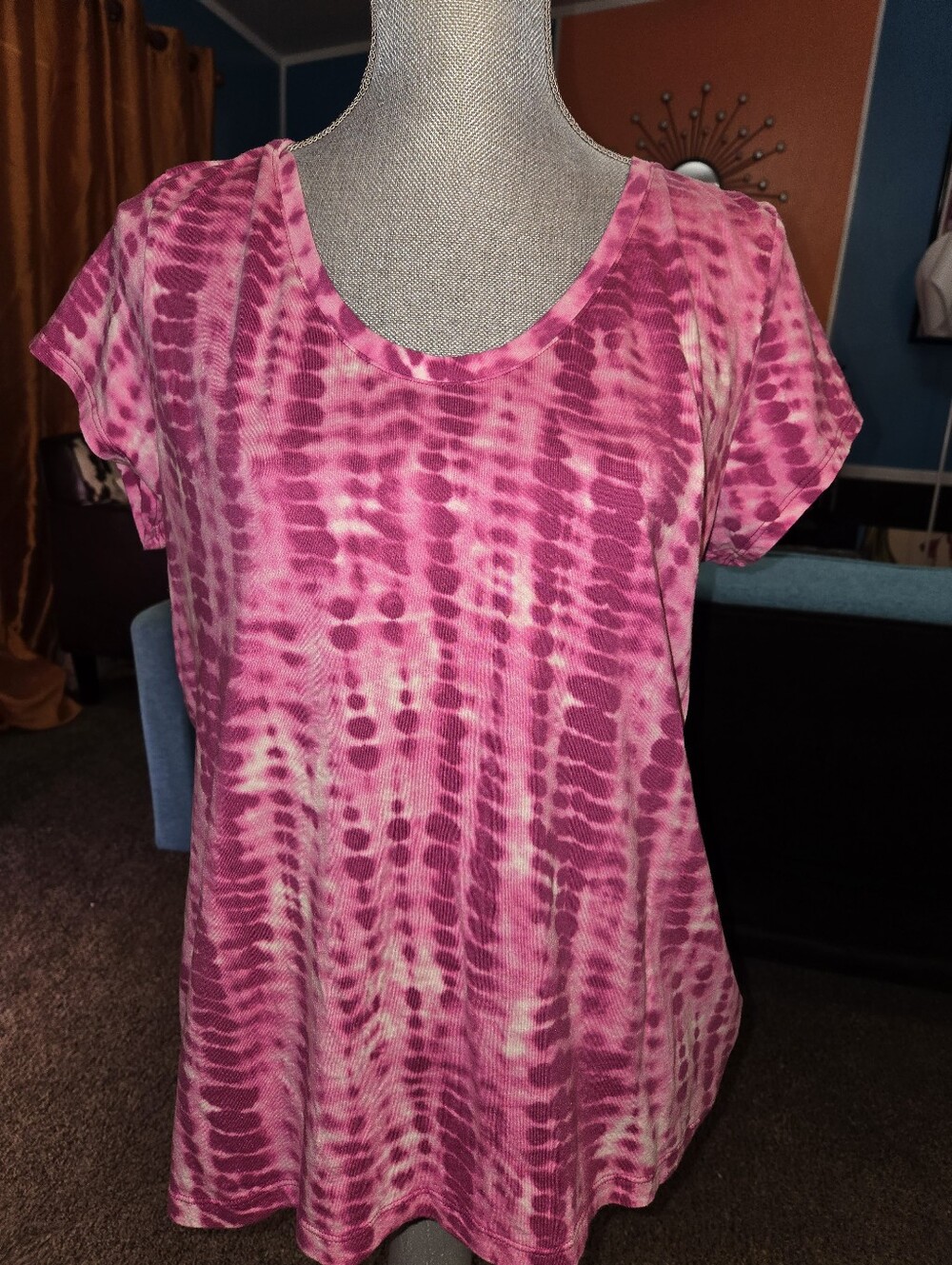 Liz Claiborne Tie Dye Tshirt Top Womens XL Scoop Neck Short Sleeve Pink White